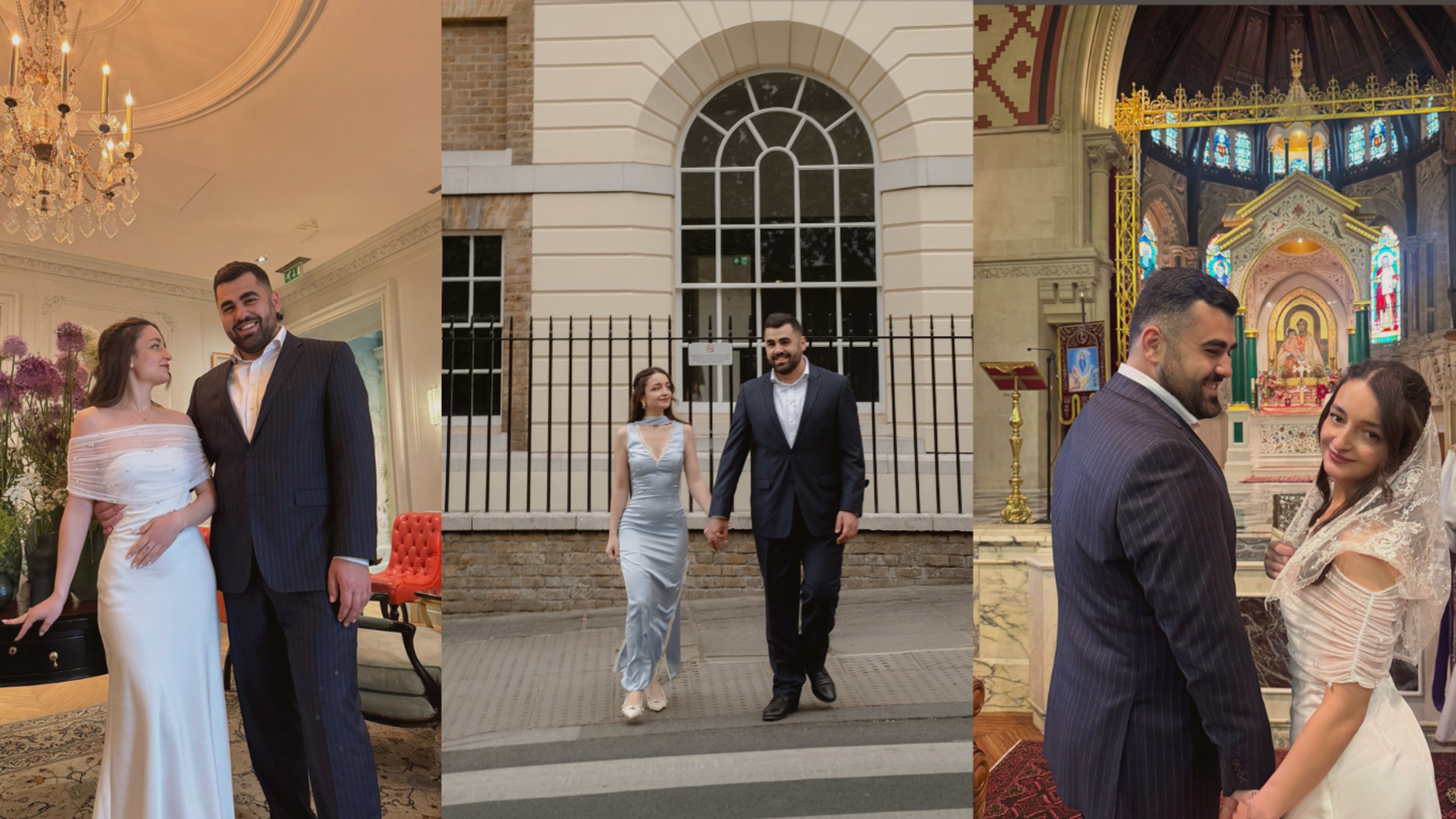 Maneh and Grisha — moments together: an evening indoors, walking through the city, and at the church